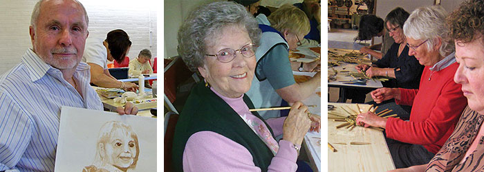 image of man painting, lady holding paint brush, group weaving